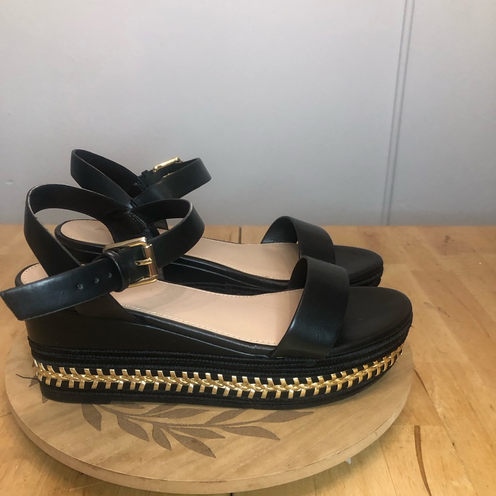 Black Platform Ankle-Strap Sandals with Gold Trim